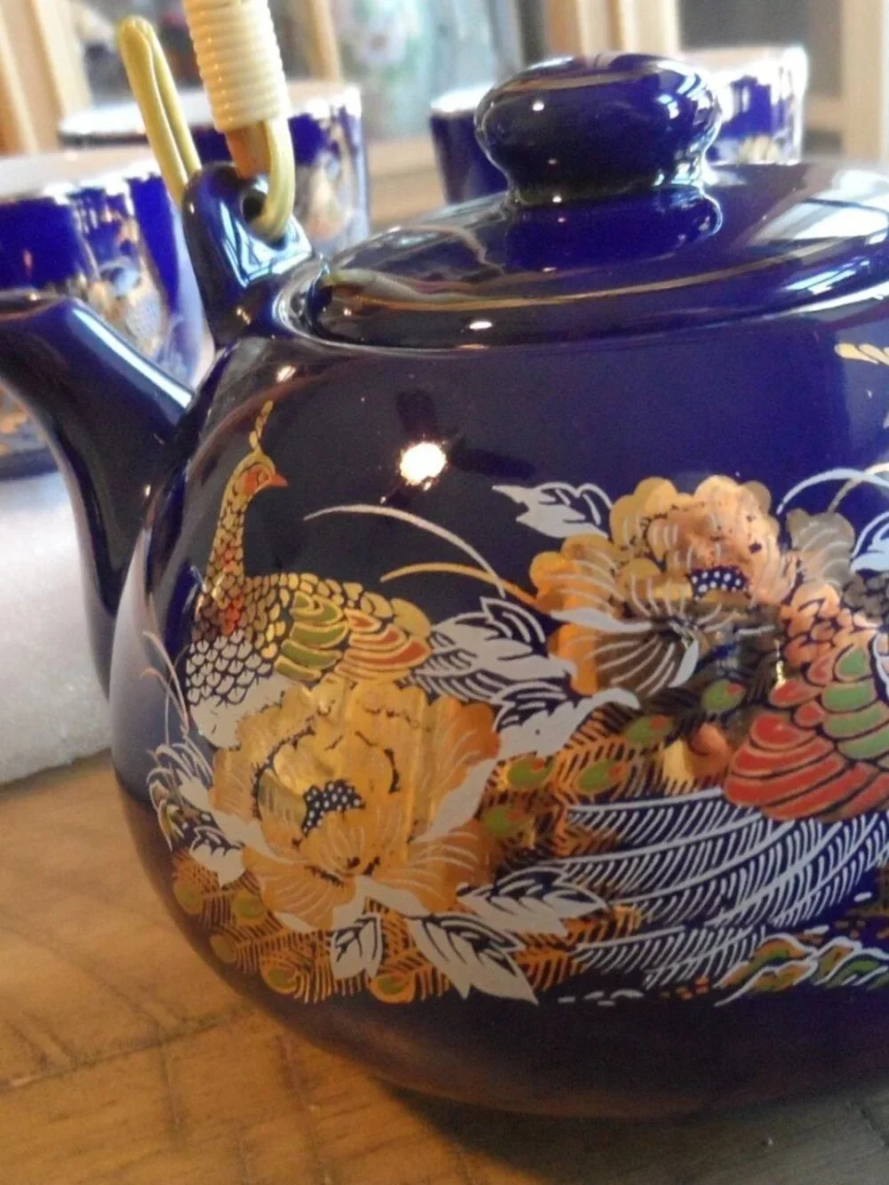 Japanese Cobalt Blue Teapot + 5 Cups Peacock/Floral/Gold Trim Bamboo Handle VTG